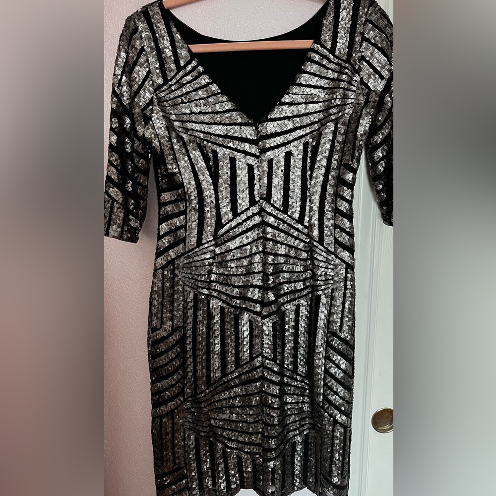 R&M Richards Black and Silver Geometric Sequin Dress